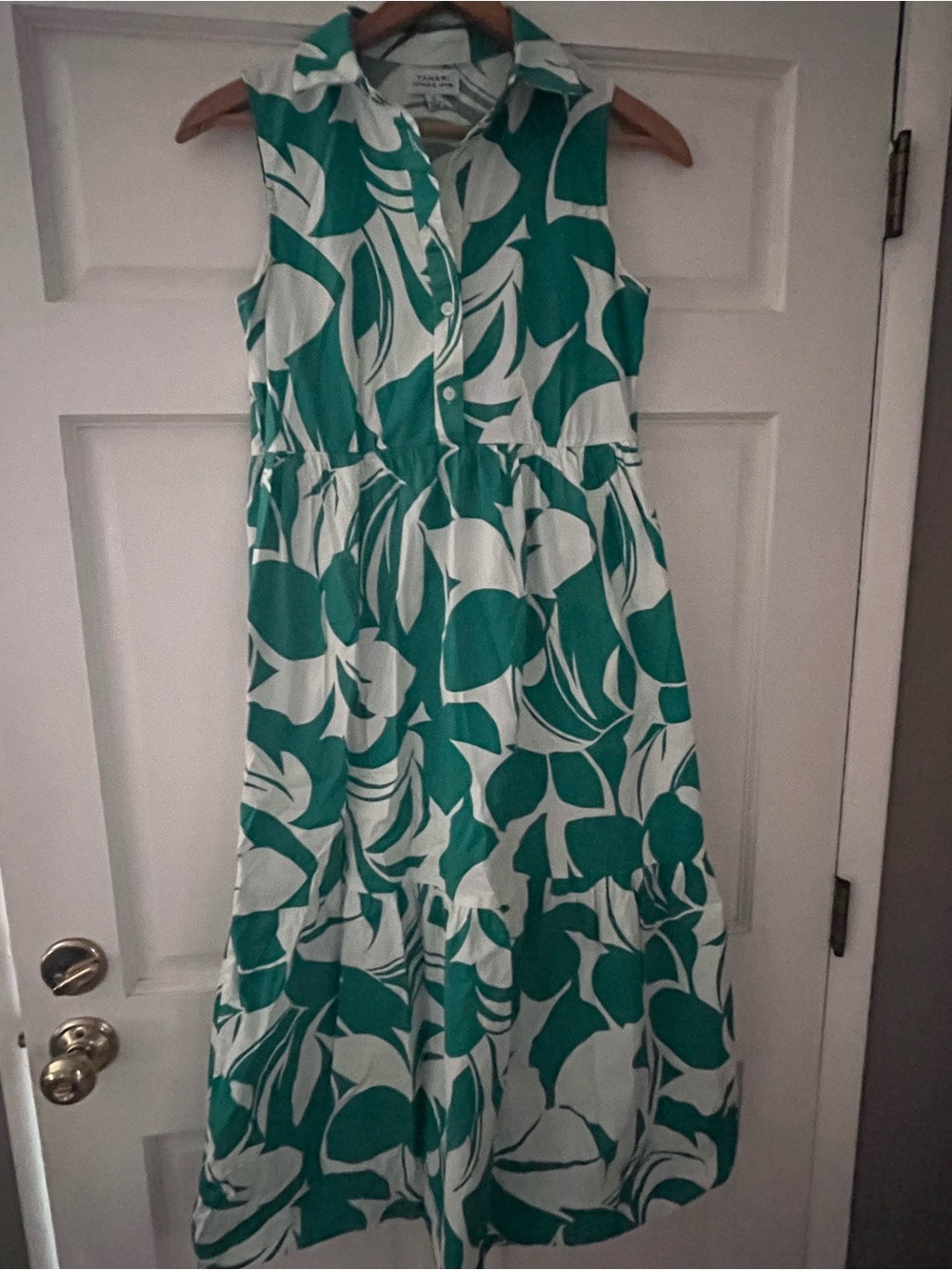 Tahari Sleeveless Green and White Button-Front midi dress - Picture 3 of 3